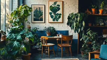 Canvas Print - A rustic wooden table with two chairs, a teal couch, and house plants against a white brick wall with framed botanical illustrations.