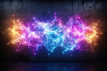 Poster - Vibrant abstract light pattern with colorful glowing sparks and a dark background, perfect for artistic designs and modern projects.