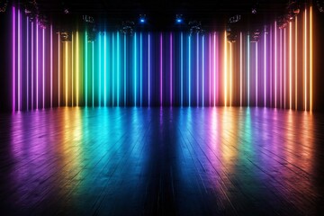 Poster - Vibrant neon light display with colorful vertical bars illuminating a dark space, perfect for events, parties, or artistic projects.