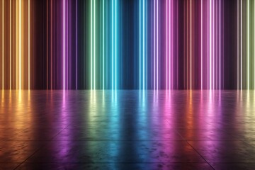 Poster - Vibrant neon lights create a stunning visual display, illuminating a reflective surface with colorful vertical beams.