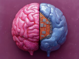 Wall Mural - artificial intelligence concept: human brain merging with technology, human brain vs ai technologies