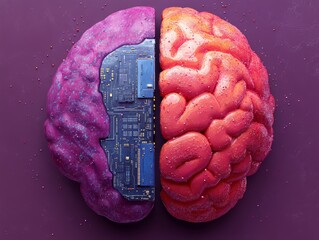Wall Mural - artificial intelligence concept: human brain merging with technology, human brain vs ai technologies
