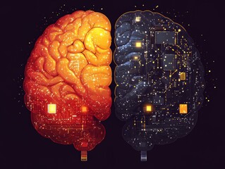 Wall Mural - artificial intelligence concept: human brain merging with technology, human brain vs ai technologies