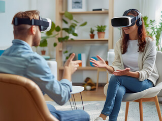 A person wearing a VR headset engaged in simulated therapy session with artificial intelligence.