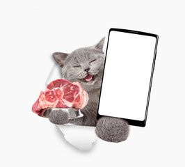 Poster - Happy cat looks through a hole in white paper, holds bowl with raw meat and shows smartphone with white blank screen in it paw, Empty free space for mock up, banner
