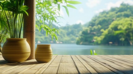 Wall Mural - Two ceramic pots sitting on wooden planks overlooking a lake and lush green trees.