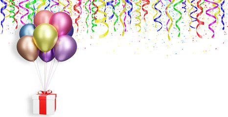 Aufkleber - flying gift box with colorful balloons on white background with curly ribbon. Empty space for text. 3d rendering