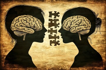 Poster - Abstract Silhouettes of a Man and Woman with Exposed Brain Puzzle Pieces Illustrating the Complexity of Human Connections and Cognitive Relationships