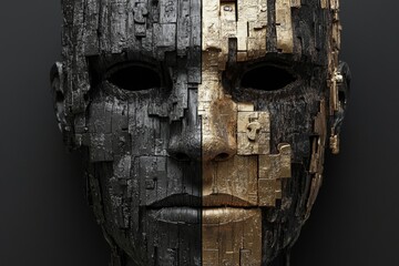 Poster - Half Human Half Wooden Mask Face Depicting the Dichotomy Between Human Emotion and Artificial Identity in a Conceptual Art Piece