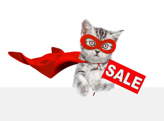 Poster - Cute kitten wearing red superhero costume showing signboard with labeled 
