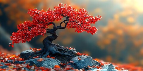 Canvas Print - Red Bonsai Tree on Rocks - Digital Illustration