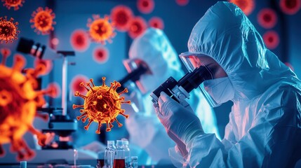 Poster - In a laboratory, medical workers dressed in protective suits meticulously analyze viruses under microscopes, highlighting the urgency of disease control. Generative AI
