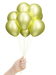 Aufkleber - Female hand holding bunch of shiny golden or yellow balloons. Isolated on white background