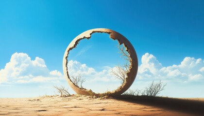 A surreal scene featuring a broken circle in a desolate landscape, under a bright blue sky with scattered clouds.