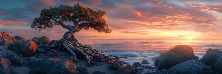 Poster - Solitary Tree on Rocky Coast at Sunset - Illustration