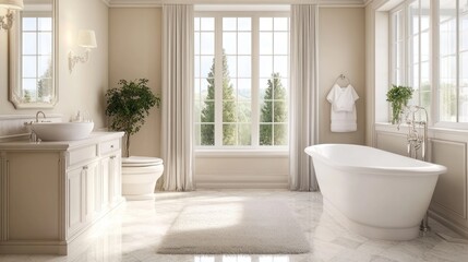 Wall Mural - Modern bathroom with a large bathtub, white cabinets, and a large window overlooking a green forest.