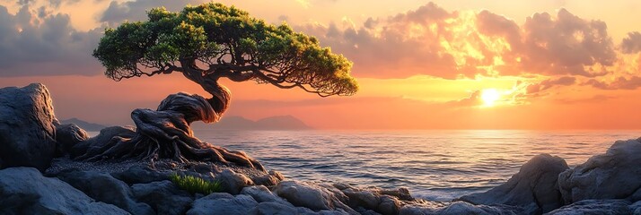 Canvas Print - Sunset Seascape with Twisted Tree Illustration