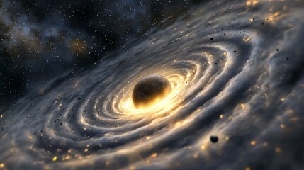 Poster - Central planet glowing amidst swirling galactic dust, exemplifying the intricate interactions and stunning visual phenomena occurring in the vastness of space.