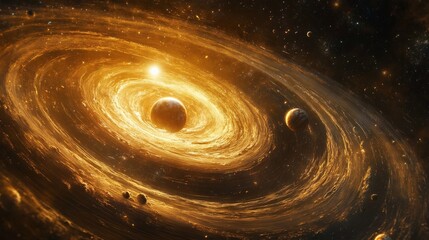 Poster - Image of a fiery galaxy surrounded by radiating celestial bodies, showcasing the dynamic and explosive nature of the universe's astronomical phenomena and its fiery elements.
