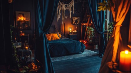 A dark bedroom decorated for Halloween with a blue velvet bed, a cobweb canopy, pumpkins, and candles.