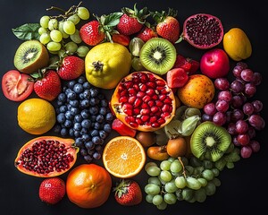 Vibrant fruits and assorted food items arranged on a black background, highlighting their rich colors and textures High detail, dramatic contrast