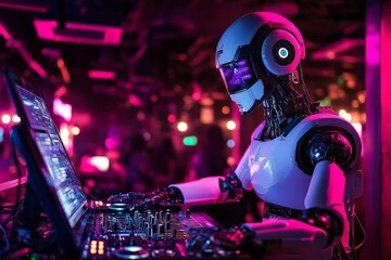 Poster - A stylish and modern DJ robot performs in a neon-lit nightclub filled with vibrant pink and purple hues, demonstrating the merge of technology with entertainment.