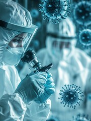 Fototapete - Medical professionals in protective suits analyze viruses under a microscope in a laboratory setting, emphasizing disease control and research. Generative AI