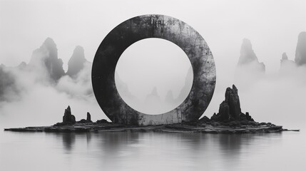 Wall Mural - A large, weathered circular structure stands on a rocky island surrounded by misty mountains and calm waters. The scene is monochromatic, evoking a serene and mysterious atmosphere.