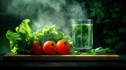 Wall Mural - Fresh tomatoes and leafy greens with a glass of water, creating a vibrant and healthy scene with steam effects.