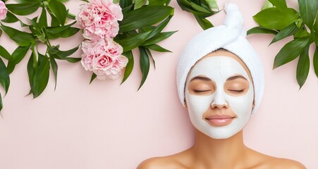 horizontal image, a portrait of a woman in a spa, pink isolated background. With copy space for text. Skincare treatment concept. For banner, design, salon, clinic, cosmetologist, web, promo