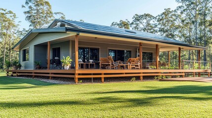 Canvas Print - Modern house with a wooden deck and solar panels on the roof, surrounded by green grass and trees.