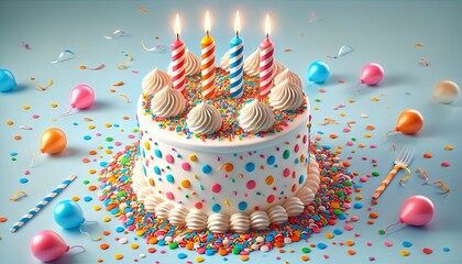 A birthday cake with a smooth white frosting, adorned with an assortment of colorful sprinkles and ten lit candles in different striped patterns.