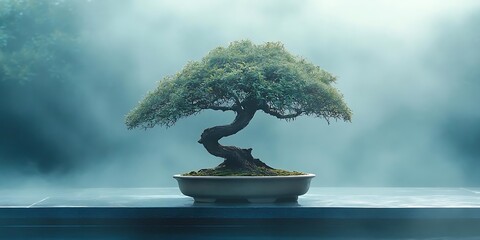 Canvas Print - Bonsai Tree in a Pot on a Stone Table in a Misty Forest, a Photo