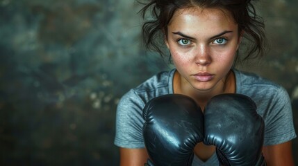 Wall Mural - A woman wearing boxing gloves and a grey shirt