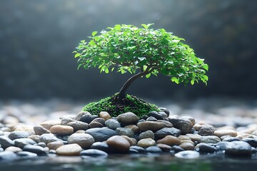 Canvas Print - Bonsai Tree on a Bed of Pebbles - Illustration