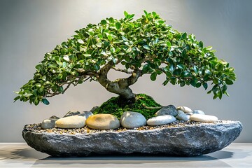 Canvas Print - Bonsai Tree in Stone Pot, Green Leaves and Stones, Realistic Photo