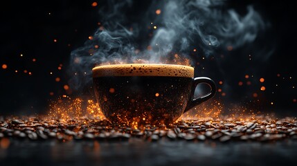 A steaming cup of coffee with sparks and coffee beans around it on a black background.