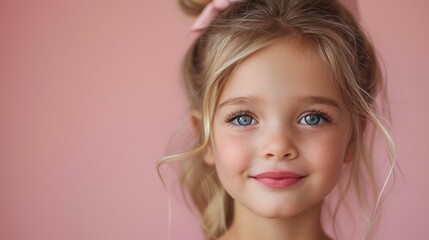 Sticker - A close-up portrait of a young girl with blonde hair styled in loose waves, wearing a pink bow. She has bright blue eyes and a gentle smile, set against a soft pink background.