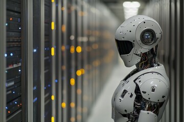 Poster - A humanoid robot with sleek design attentively examining orange server lights within a modern data center environment, showcasing precision, technology, and artificial intelligence.