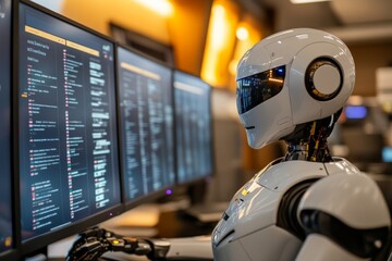 Poster - Humanoid robot interacting with multiple screens displaying code in a modern office environment, symbolizing the integration of AI, automation, and technology in contemporary workplaces.