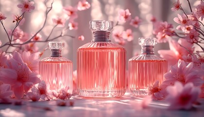 Tender stylish perfume composition, bottles of perfume and flowers, pinkish illustration.