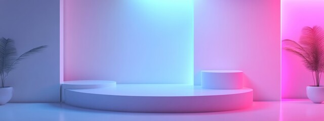 Poster - 3D render of a product podium featuring shelves in a minimalist white room