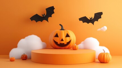 Aufkleber - 3D render of a podium featuring a Halloween theme with a pumpkin bat and cloud for product showcasing