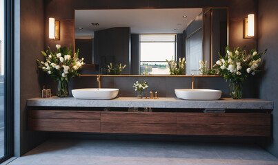 Wall Mural - A modern bathroom with double sinks and a large mirror, featuring a sleek gray wall and wooden vanity