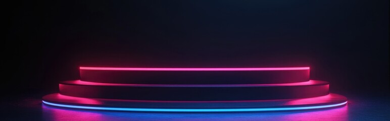 Poster - 3D rendered black scientific podium featuring neon lighting Geometric stand for Sci Fi presentations