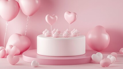 Poster - 3D render of a minimalistic sweet scene featuring a display podium for mockup and product branding Pink pedestal suitable for a romantic theme Adorable heart themed background Design style for a c