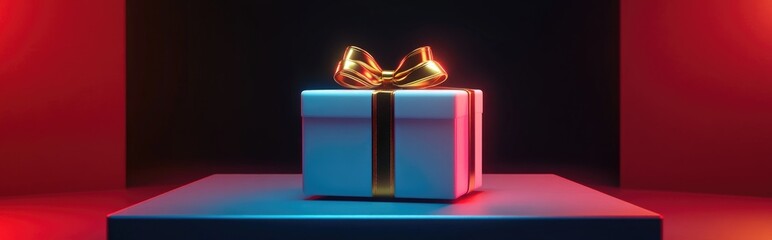 Poster - 3D product display scene featuring a floating white gift box adorned with a gold bow 3D illustration