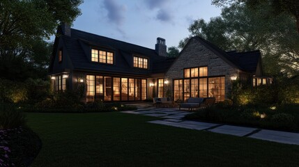 Wall Mural - A modern house with a large backyard and a stone patio at dusk.