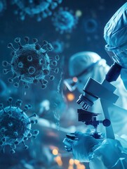Aufkleber - Medical professionals in protective suits observe viruses through a microscope, focusing on disease control efforts in a clinical environment. Generative AI