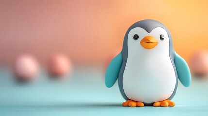 Sticker - Cute Cartoon Penguin on a Soft Pastel Background.